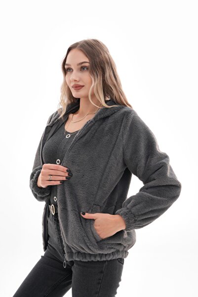 ŞİMAL Women's Hooded Zipper Closure Plush Coat 255122 -