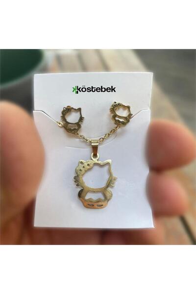 Köstebek Gold Hello Kitty Toka Detaylı Silüet Kolye Ve Küpe Seti