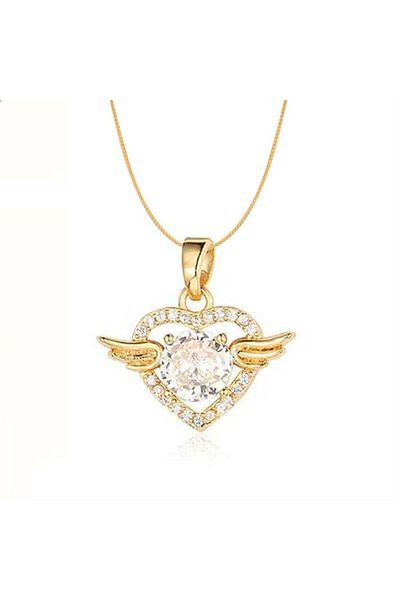Köstebek Gold Winged Heart Detailed Stone Necklace
