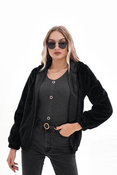 ŞİMAL Women's Hooded Zipper Closure Plush Coat 255122 -