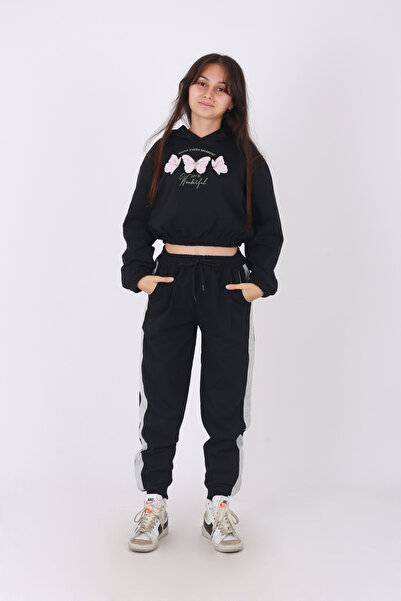 han elegant Set of 2 Printed Comfortable and Fashionable Long Sleeve Hooded Sweatshirt Crop and Sweatpants with Side Stripe