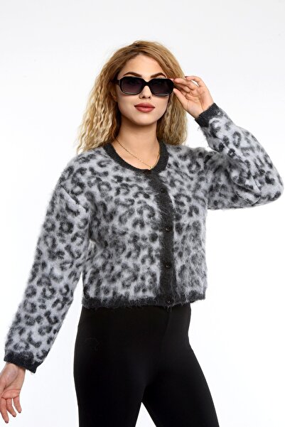 KURGAN TEKSTİL Anthracite Leopard Patterned Knitwear Cardigan