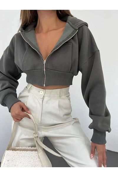 MODA FARİZE Ζακέτα 3 Yarn Khaki Crop - 100% βαμβάκι με φερμουάρ και κουκούλα