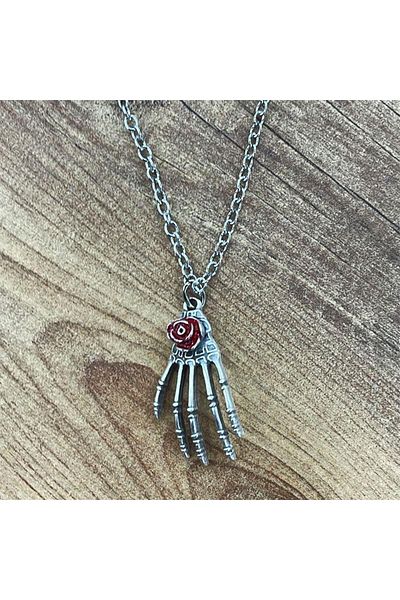 Köstebek Skeleton Hand Necklace with Rose Motif