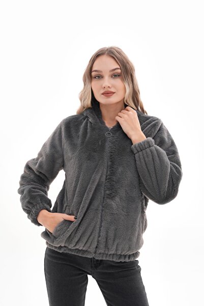 ŞİMAL Women's Hooded Zipper Closure Plush Coat 255122 -