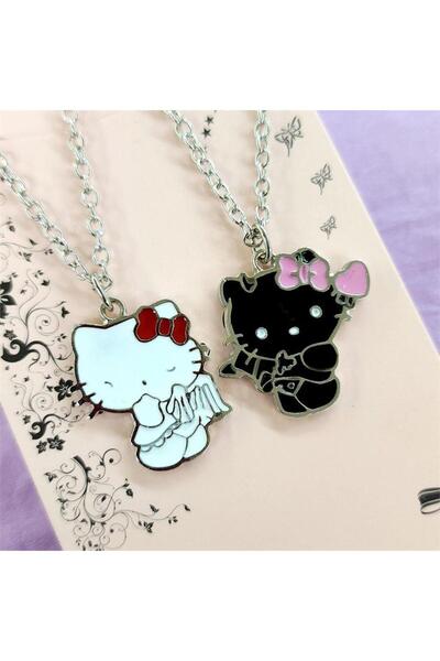 Köstebek Siyah Beyaz Hello Kitty Çift Kolye