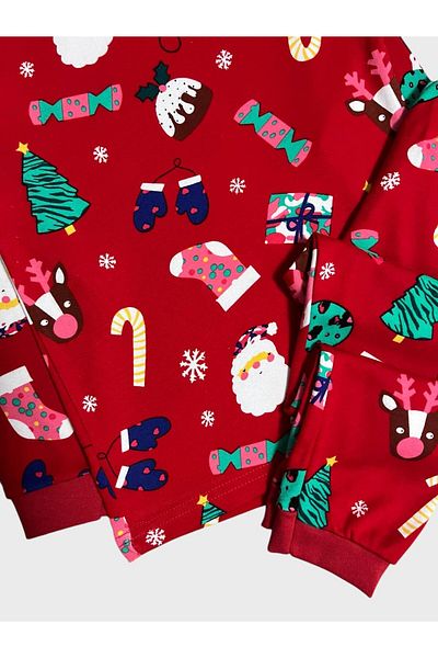 elmas kids Girl's 100% Cotton Pine Tree and Candy Booties Patterned Winter Pajamas Set