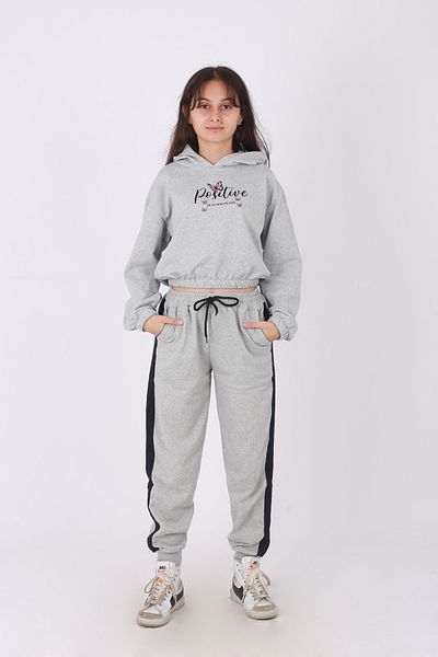 han elegant Set of 2 Printed Comfortable and Fashionable Long Sleeve Hooded Sweatshirt Crop and Sweatpants with Side Stripe