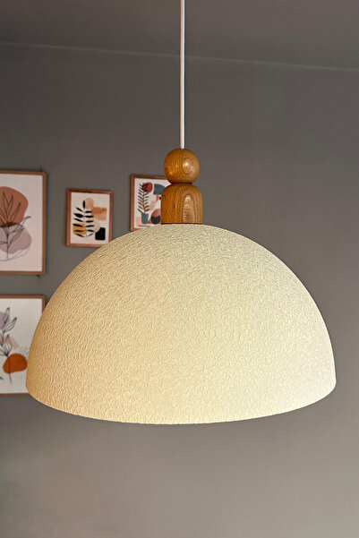 Bamyum Linate Dokulu Açık Krem Kalın Ahşap Boncuk Avize Tekli Sarkıt Salon Kuaför Dekoratif Aydınlatma