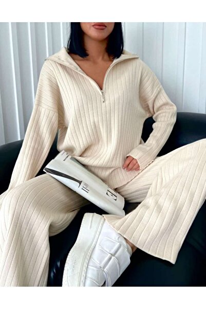 Fua Shop Γυναικείο γιακά με ραβδώσεις, Σχισμές στα πόδια με φερμουάρ, Πλεκτό κοστούμι με φερμουάρ στο πλάι