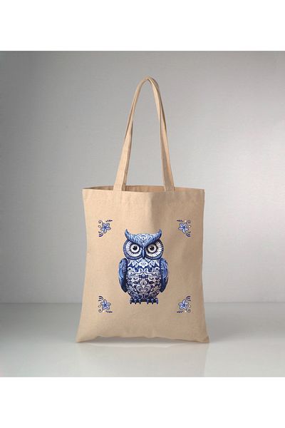 GİFTORA Special Series Delft Blue Owl Printed Raw Cloth Shoulder Bag