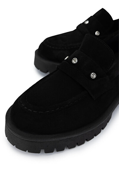 Tamer Tanca Kadın Hakiki Deri Siyah Süet Loafer Ayakkabı