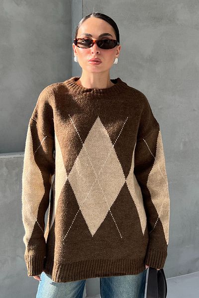 Seda Yalçın Atelier Light Brown Diamond Patterned Collared Sweater