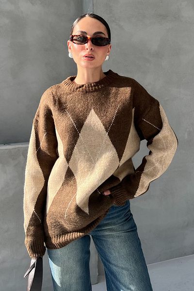 Seda Yalçın Atelier Light Brown Diamond Patterned Collared Sweater