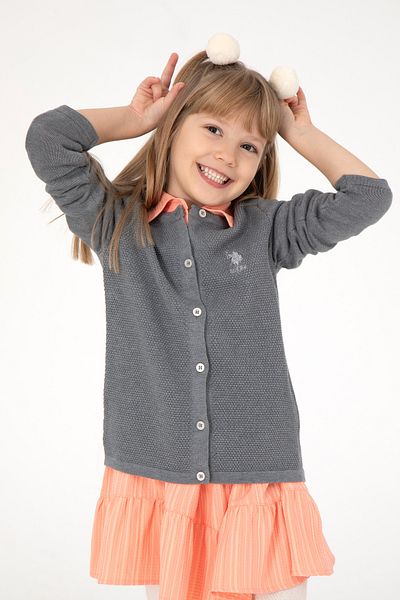 U.S. Polo Assn. Girl's Gray Melange Knitwear Cardigan 50294745 -Vr086