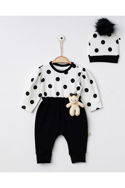 Jammybaby Polka Dot Toy Jumpsuit - 100% Cotton, Teddy Bear, Pompom Hat Set for Baby Girl