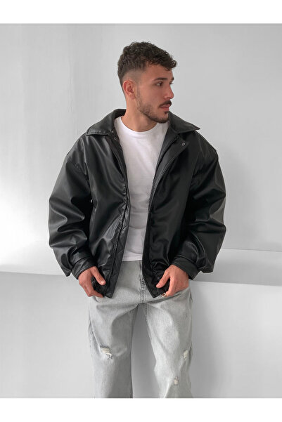 NO1 KONSEPT Μαύρο Oversize Vintage Bomber Δερμάτινο Παλτό