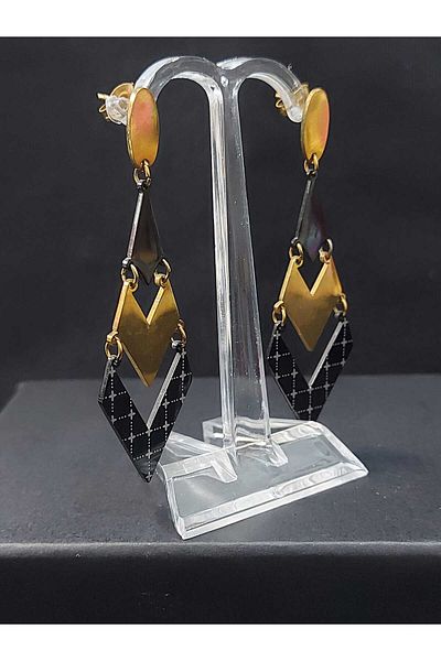 sarıyer silver Modern Design Rose Color Plated and Black Enamel Multicolor Special Workmanship Steel Dangle Earrings