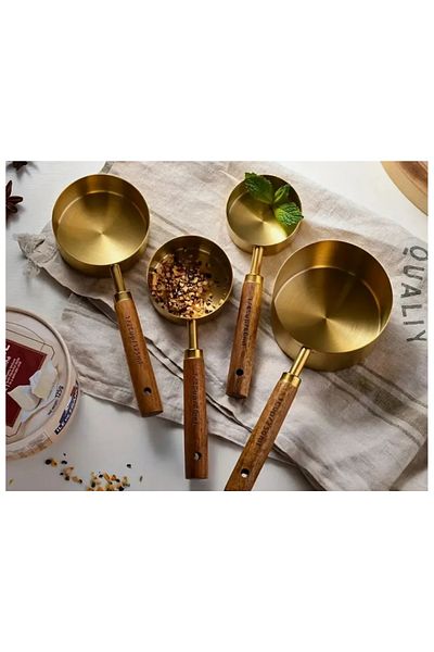 stilsenin34 Gold 4-Piece Wooden Handle Measuring Spoon Saucer