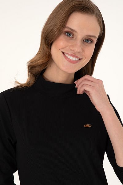 U.S. Polo Assn. Rochie tricotată neagră cu guler vertical pentru femei 50297367 -vr046