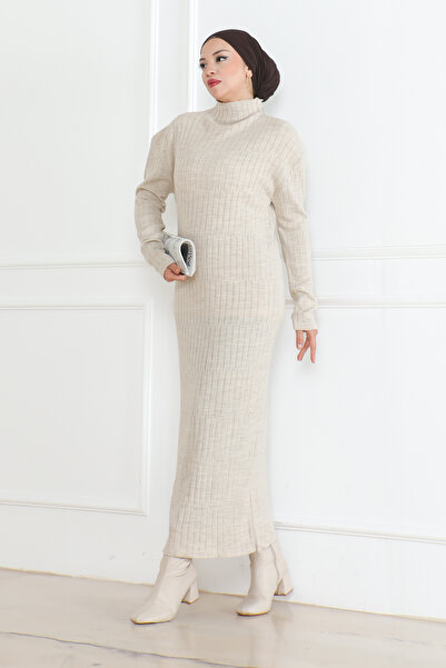 DESTEMODA Λεπτομέρεια κοτλέ Πλεκτό Φόρεμα Πέτρα Χρώμα 1011