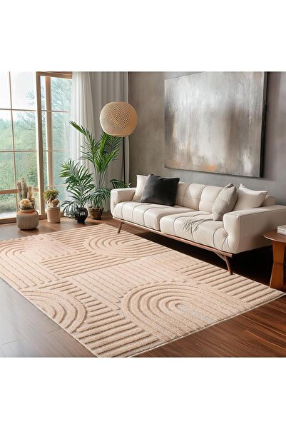 Adalizza Yumuşak Peluş Tüylü Bohem İskandinav desenli Kabarık Bukleli  Gül Kurusu Tonlarında Halı