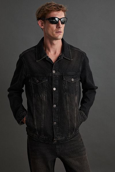 GRIMELANGE Jericho Men's - Casual Wide Cut Black Rinse Denim Jacket 100% Cotton High Quality