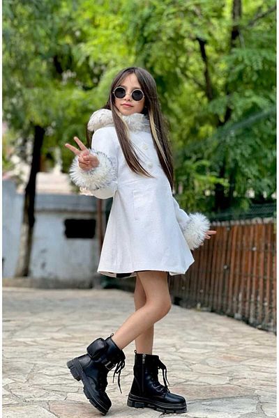 elfanto kıds Girl's Hooded and Sleeve Kurk Tak Cikar Detailed Stamp Coat