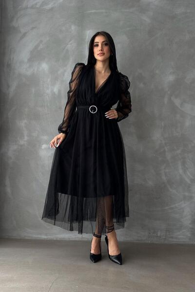 Mossta Double Breasted Neck Balloon Sleeve Tulle Dress Black
