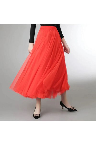 NSMLİFE Women's Red 3 Layer Midi Tulle Skirt Comfortable High Waist Ankle Length Long Hijab Tulle Skirt