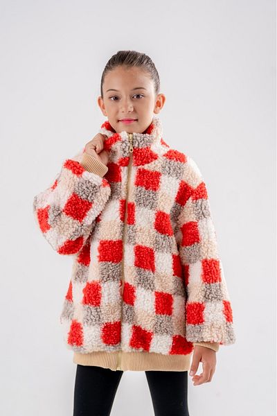Eray Kids Girl's Checkerboard Pattern Plaid Fleece Coat