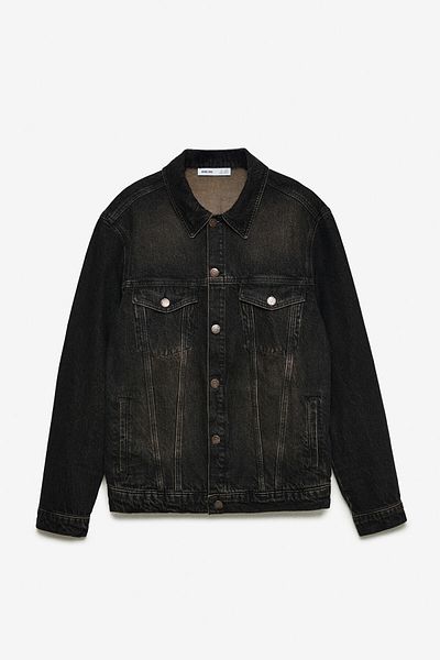 GRIMELANGE Jericho Men's - Casual Wide Cut Black Rinse Denim Jacket 100% Cotton High Quality
