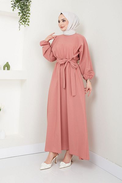 Ayşe Melek Terikoton Evening Dress - Fashion Elastic Waist Women's Dress 2683 Biscuit