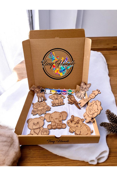 tiny hands Orman Hayvanları Ahşap Boyama Seti 10 Adet Hayvan Boyama Seti 6'lı Akrilik Boya+Fırça Sanat Hobi Set