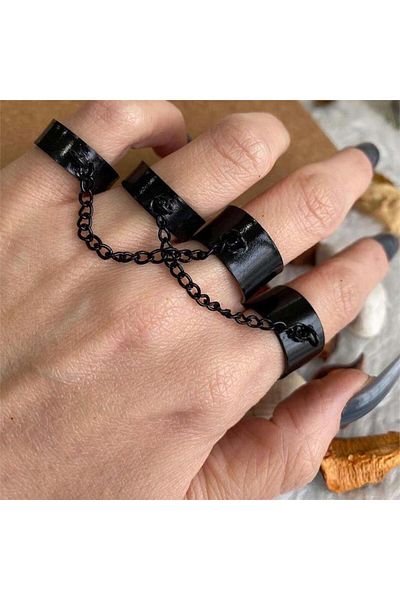 Köstebek Four Finger Chain Black Adjustable Ring