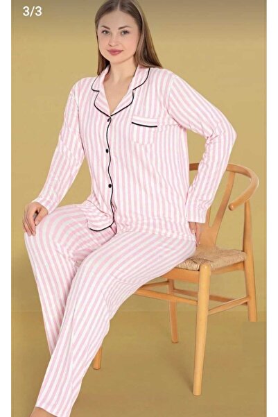 Çağrı Σετ πιτζάμα με ριγέ χτενισμένο βαμβακερό κορδόνι μπροστά, μεγάλο μέγεθος