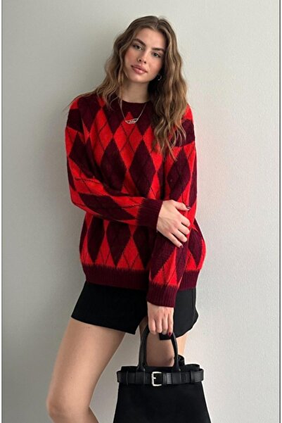 fujya Red Wully Knitwear Sweater - Crew Neck, Plaid Print and Raster