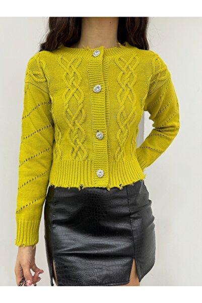 Modamorfo Stone Buttoned Ripped Cropped Cardigan - Oil Green