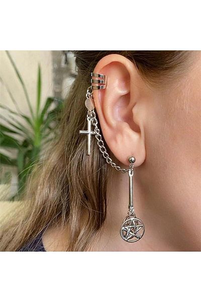 Köstebek Pentagram Design Crusader Chain Earrings