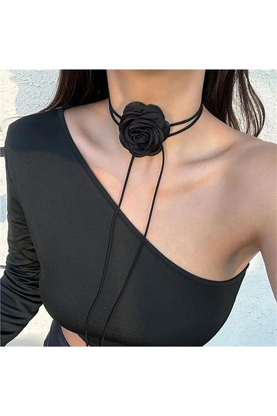 Köstebek Black Rose Pattern Choker Necklace