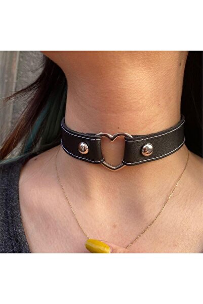 Köstebek Black Leather Collar with Heart Buckle