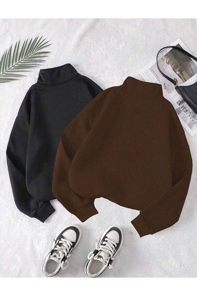 trendgar 2-Piece Stand Collar Zipper Oversize Unisex Sweatshirt Black and Brown