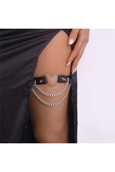 Köstebek Kalp Tokalı İkili Zincirli Siyah Punk Deri Bacak Choker