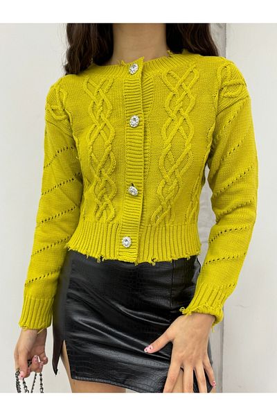 Modamorfo Stone Buttoned Ripped Cropped Cardigan - Oil Green