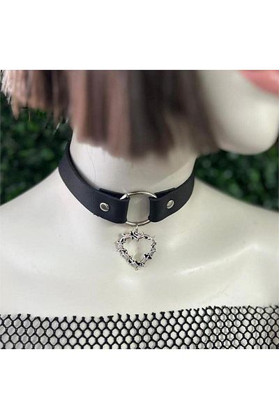 Köstebek Black Spiky Wire Leather Leash with Heart Ring