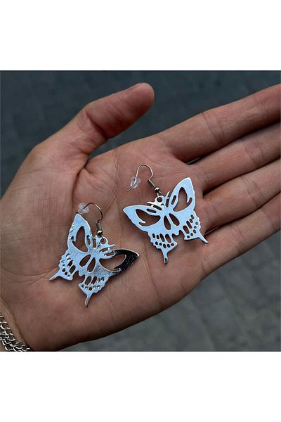 Köstebek Harajuku Skull Butterfly Earrings