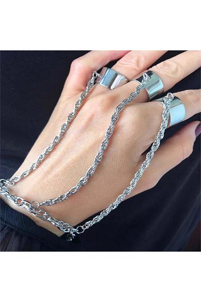 Köstebek Triple Ring with Gray Chain Bracelet