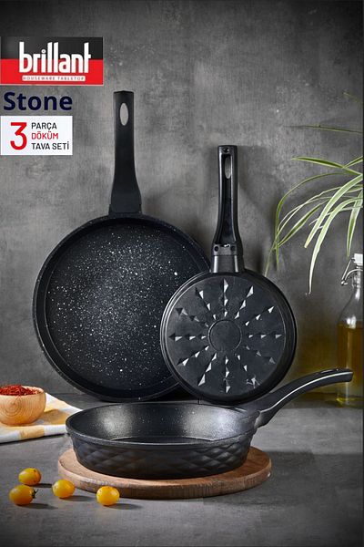 decorev Stone Pan Set 3 Pieces Casting 20-24-28cm Bio Granite Coating Fireproof Nonstick