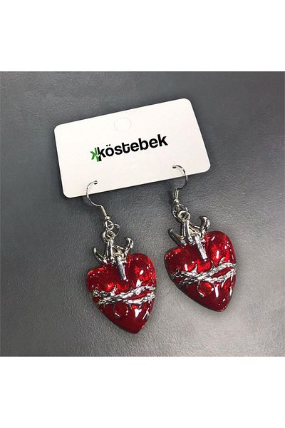 Köstebek Red Cross Detailed Thorned Wire Heart Earrings