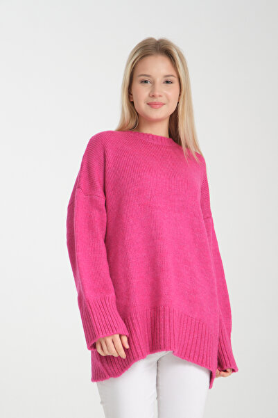 İLKCET MODA Oversize Basic Pink Long Women's Sweater